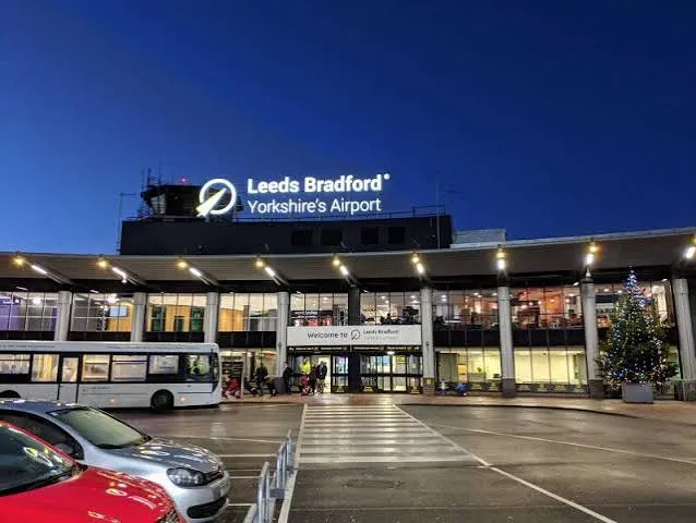 Leeds Bradford Airport terminal at dusk